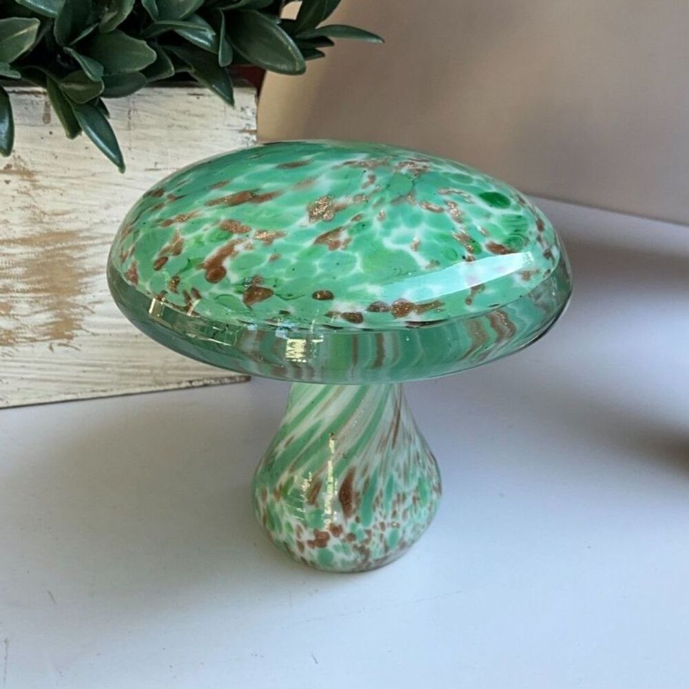 Vintage art glass confetti glass mushroom so pretty coastal green
